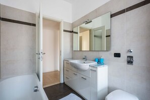 Shower, hair dryer, bidet, towels