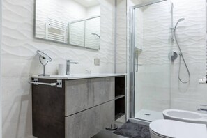 Shower, hair dryer, bidet, towels