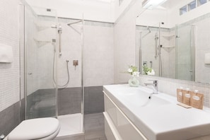 Shower, hair dryer, bidet, towels