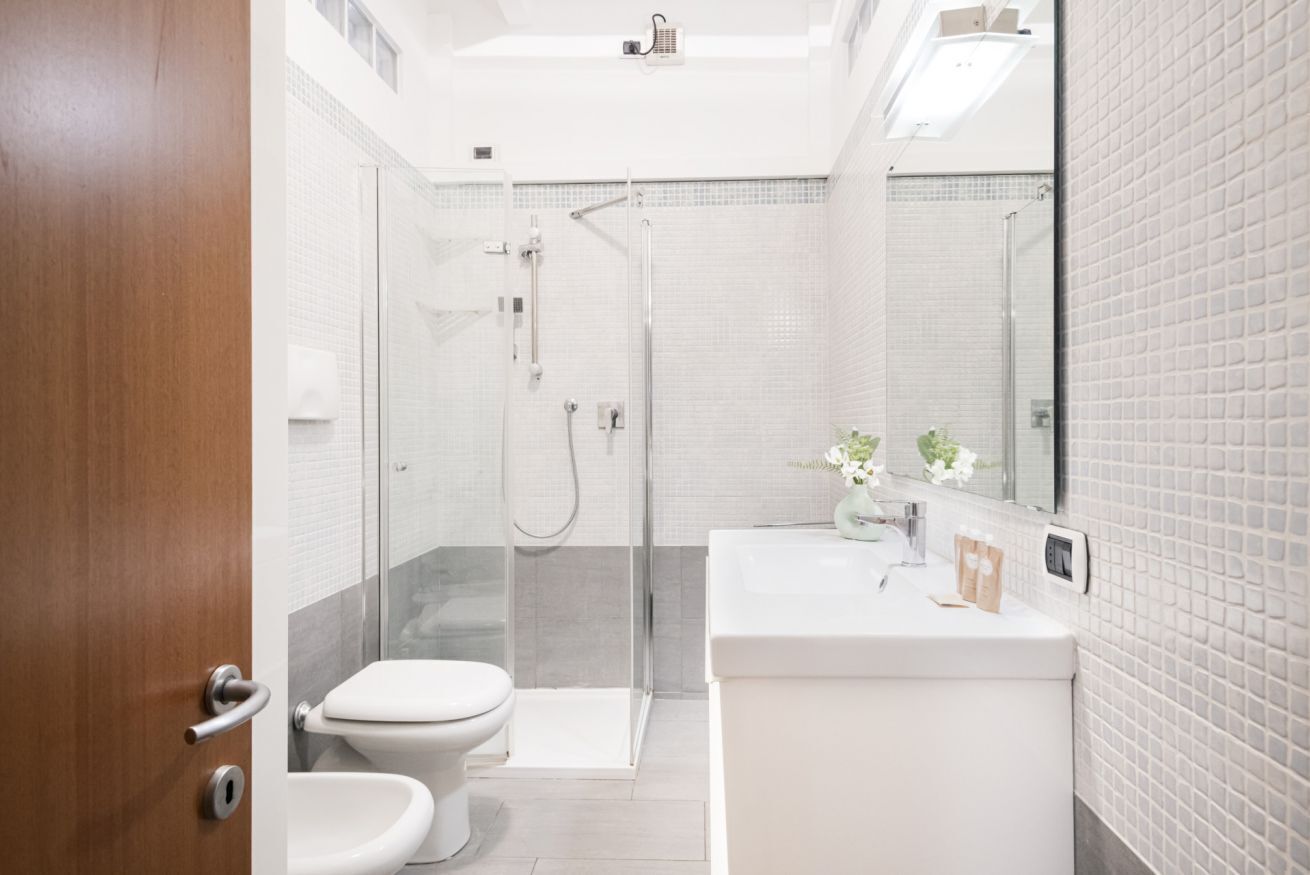 Shower, hair dryer, bidet, towels