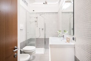 Shower, hair dryer, bidet, towels