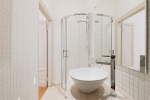 Shower, hair dryer, bidet, towels