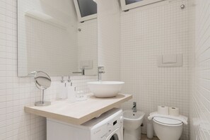 Shower, hair dryer, bidet, towels