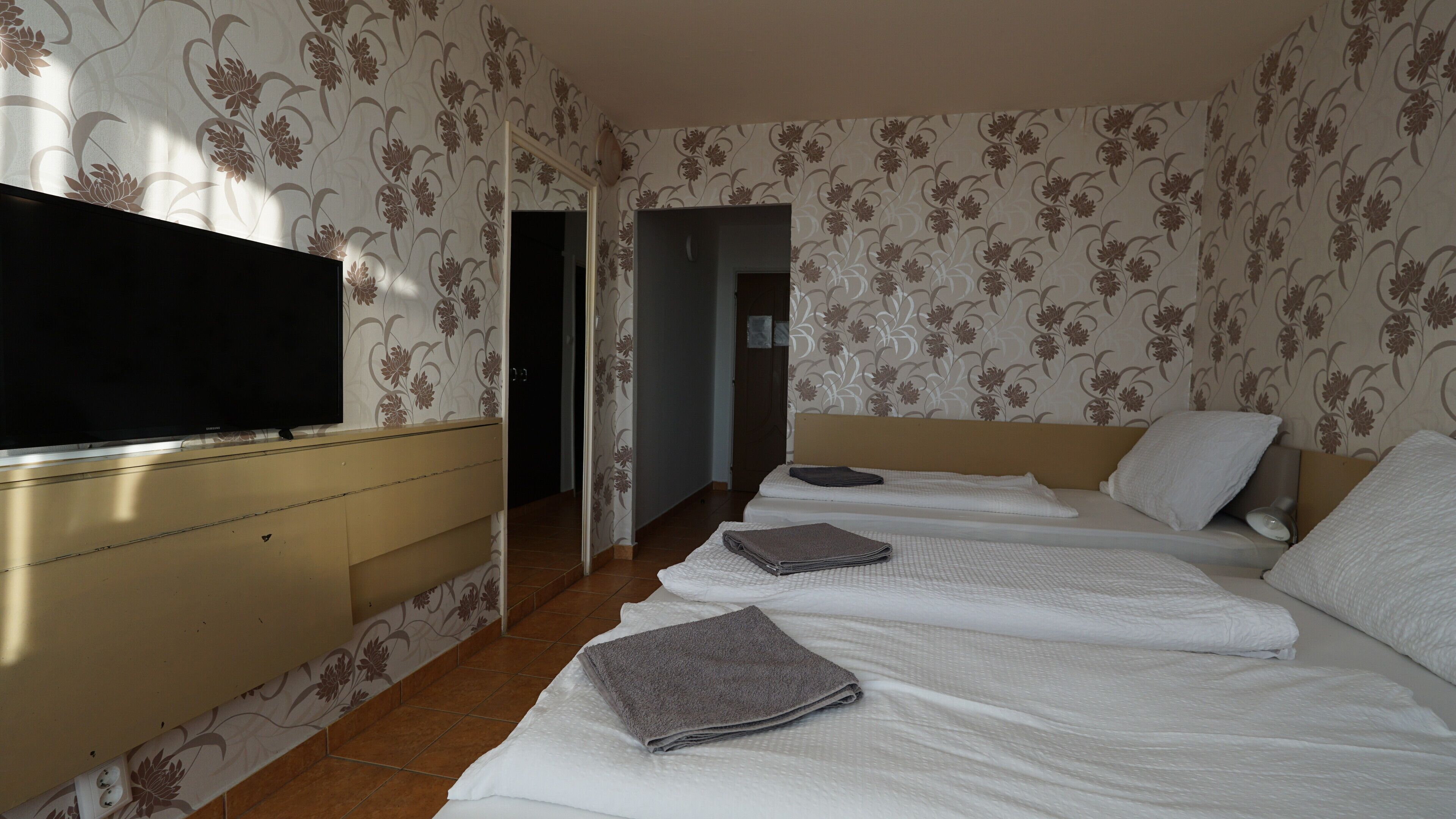 Habitación de hotel con televisor sobre una cómoda, dos camas con sábanas blancas y un estampado de flores en el papel tapiz.