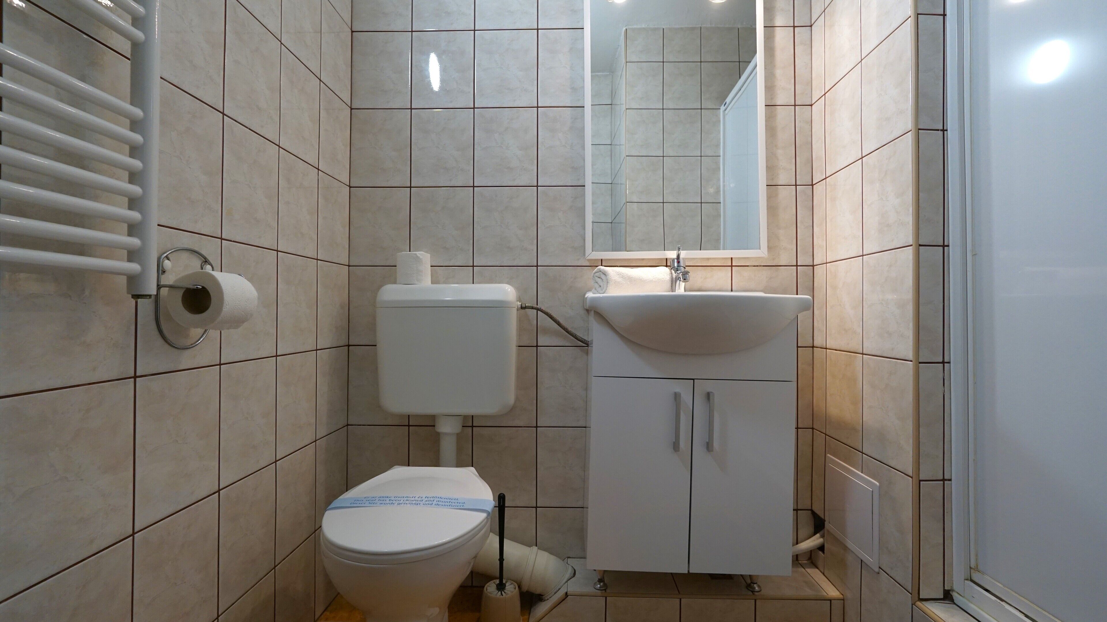 A small, modern bathroom with a toilet, sink, and mirror.