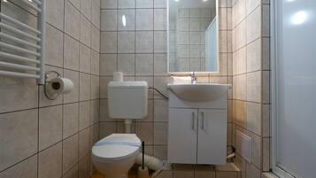 A small, modern bathroom with a toilet, sink, and mirror.