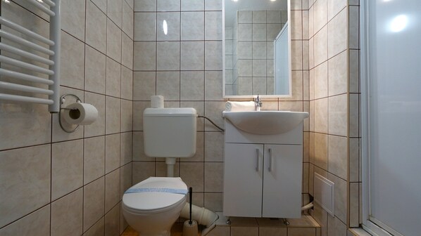A small, modern bathroom with a toilet, sink, and mirror. - Plage Hotel Siófok (Siófok)