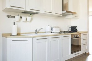 Fridge, oven, stovetop, coffee/tea maker