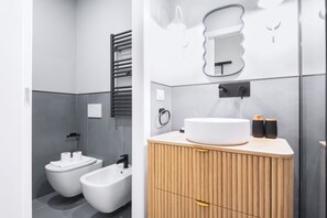 Shower, hair dryer, bidet, towels