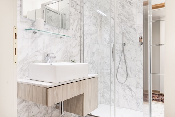 Shower, hair dryer, bidet, towels