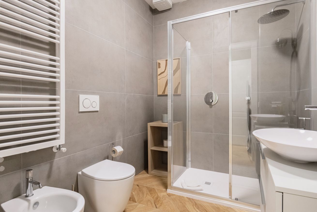 Shower, hair dryer, bidet, towels