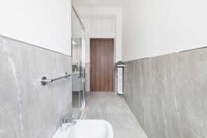 A narrow bathroom with a glass shower enclosure, a white sink, and a wooden door.