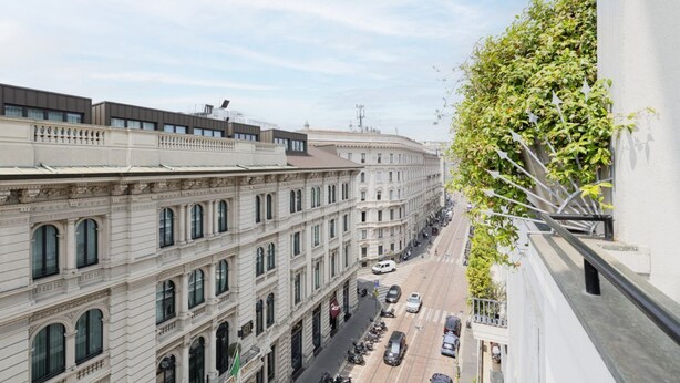 A street view with a row of classical buildings, a clear sky, and a tree on the right.