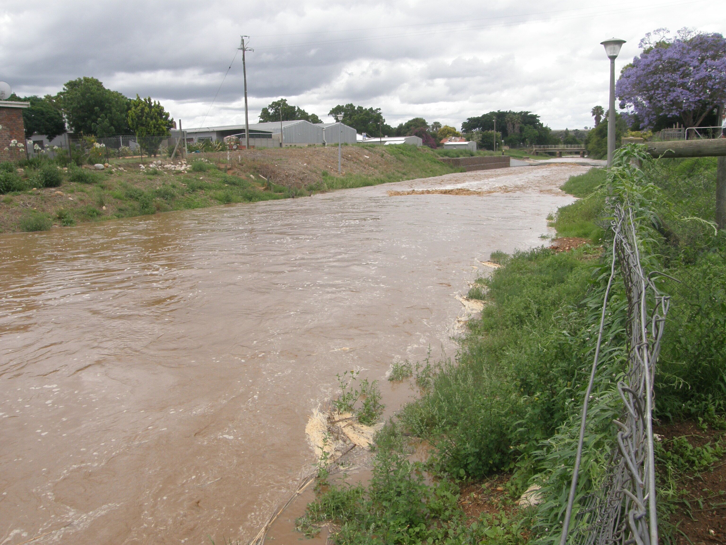 A river with muddy water, surrounded by greenery and a fence.