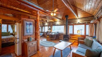 Een televisie, een open haard, een dvd-speler en een kantoor