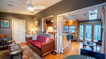 Televisión, chimenea, reproductor de DVD y oficina