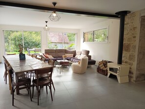 TV, fireplace, books