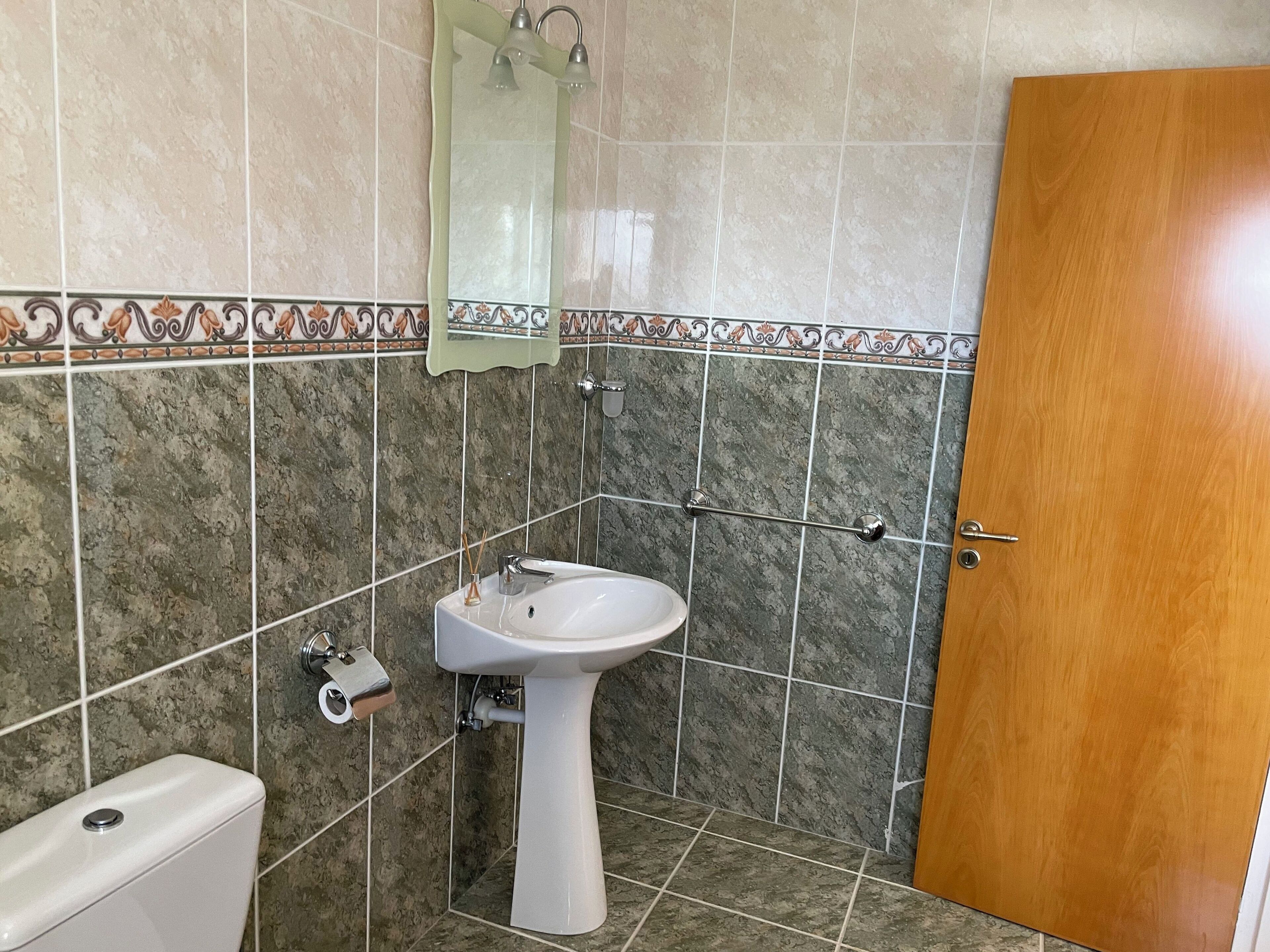 A bathroom with a white sink, a toilet, and a wooden door.
