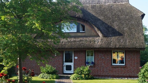 A traditional house with a thatched roof, brick walls, and a small front garden with flowers.