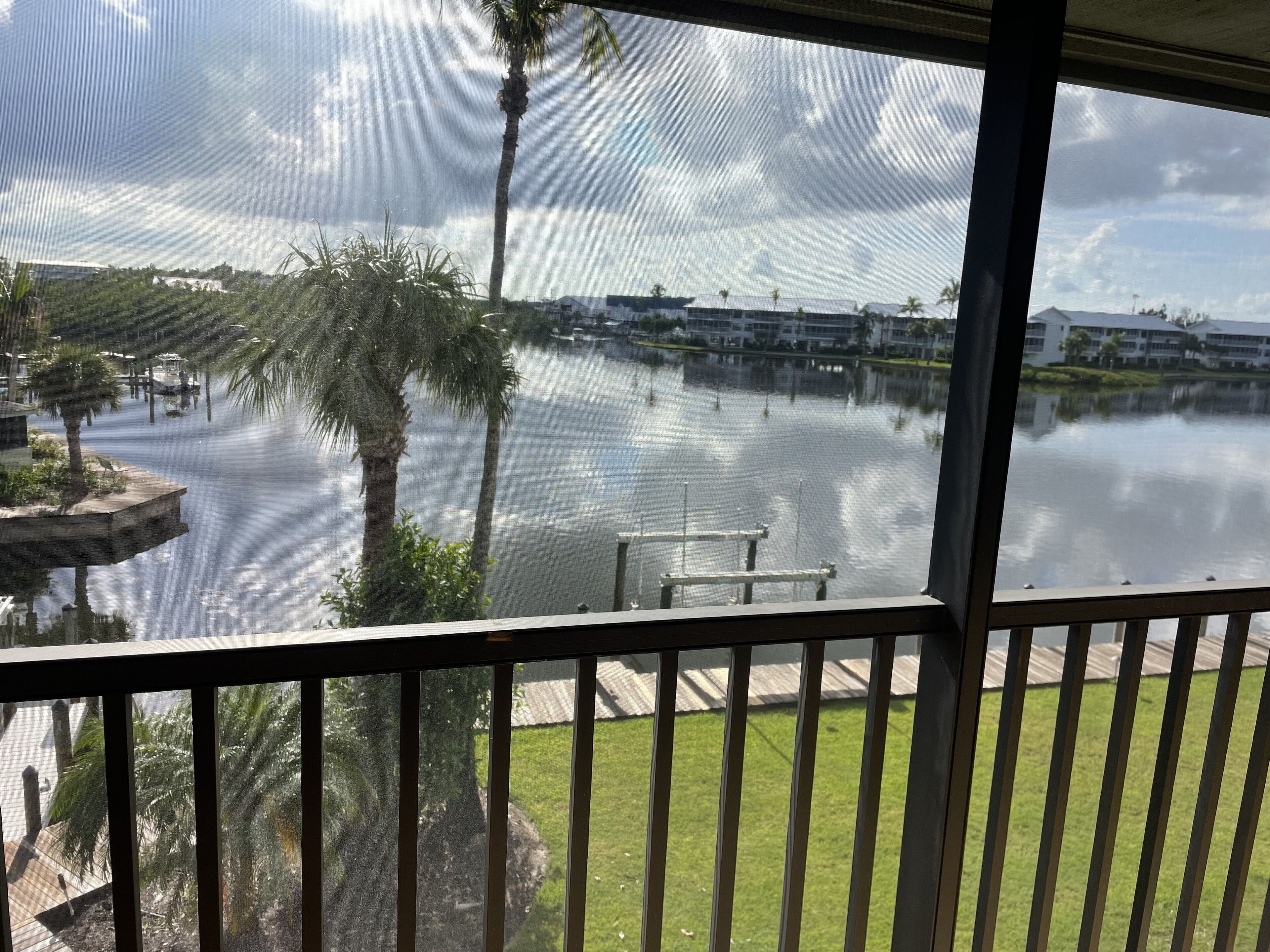 A view from a balcony overlooking a calm body of water with palm trees and a grassy area.