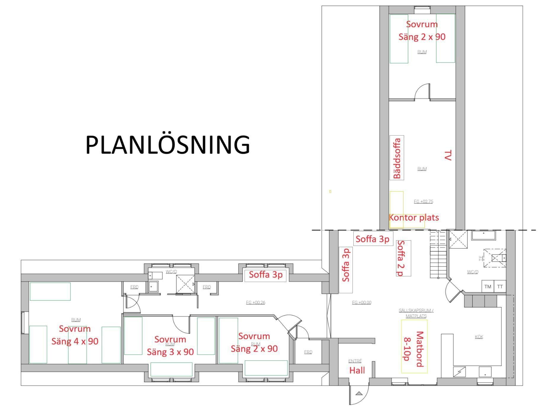 Plan d’étage d’un hôtel comprenant plusieurs chambres, notamment une chambre de 4 x 90, trois chambres de 3 x 90, deux chambres de 2 x 90 et une chambre pour trois personnes. On y trouve également un espace commun désigné « Hall » et un espace « Sallaskapsrum / Matplats ».