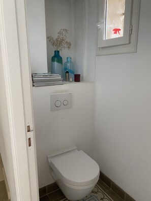 Douche, sĂšche-cheveux, serviettes fournies, savon