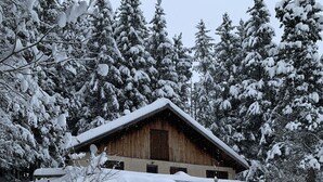 A snow-covered wooden cabin with a sloped roof, surrounded by snow-laden trees. - Ancienne Bergerie en Pleine Nature Dans le Vercors (Rencurel)