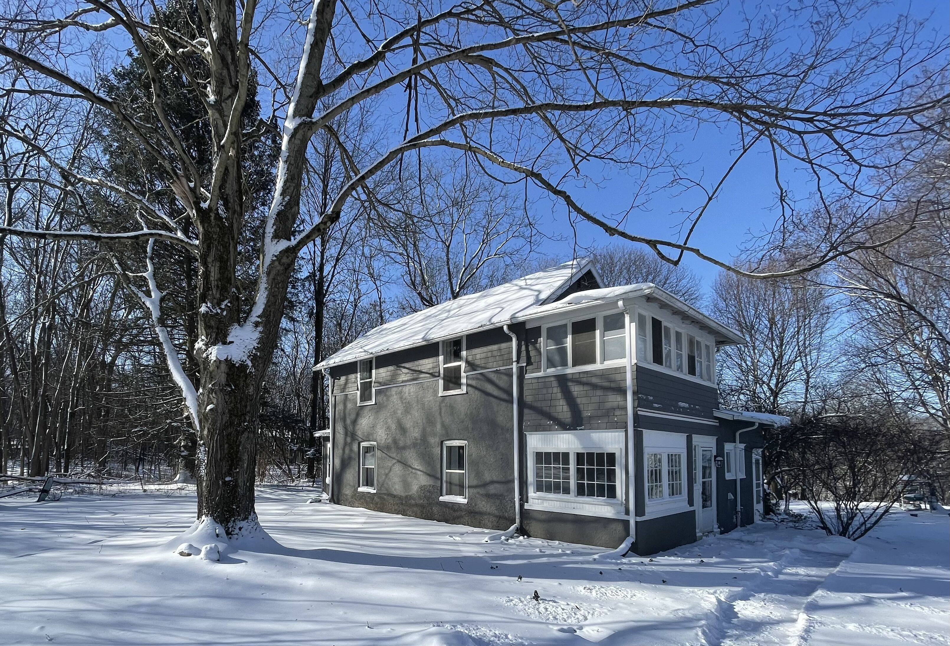 A two-story house with a snow-covered roof and a large tree in front.