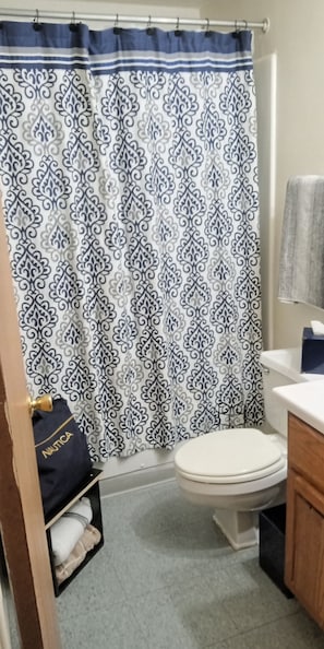 Hair dryer, towels, soap, shampoo