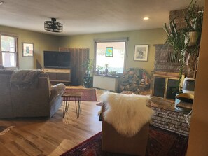 Smart TV, fireplace, ping pong, books