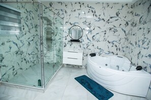 Bathroom features a glass-enclosed shower, bathtub with seat, and a vanity with mirror.