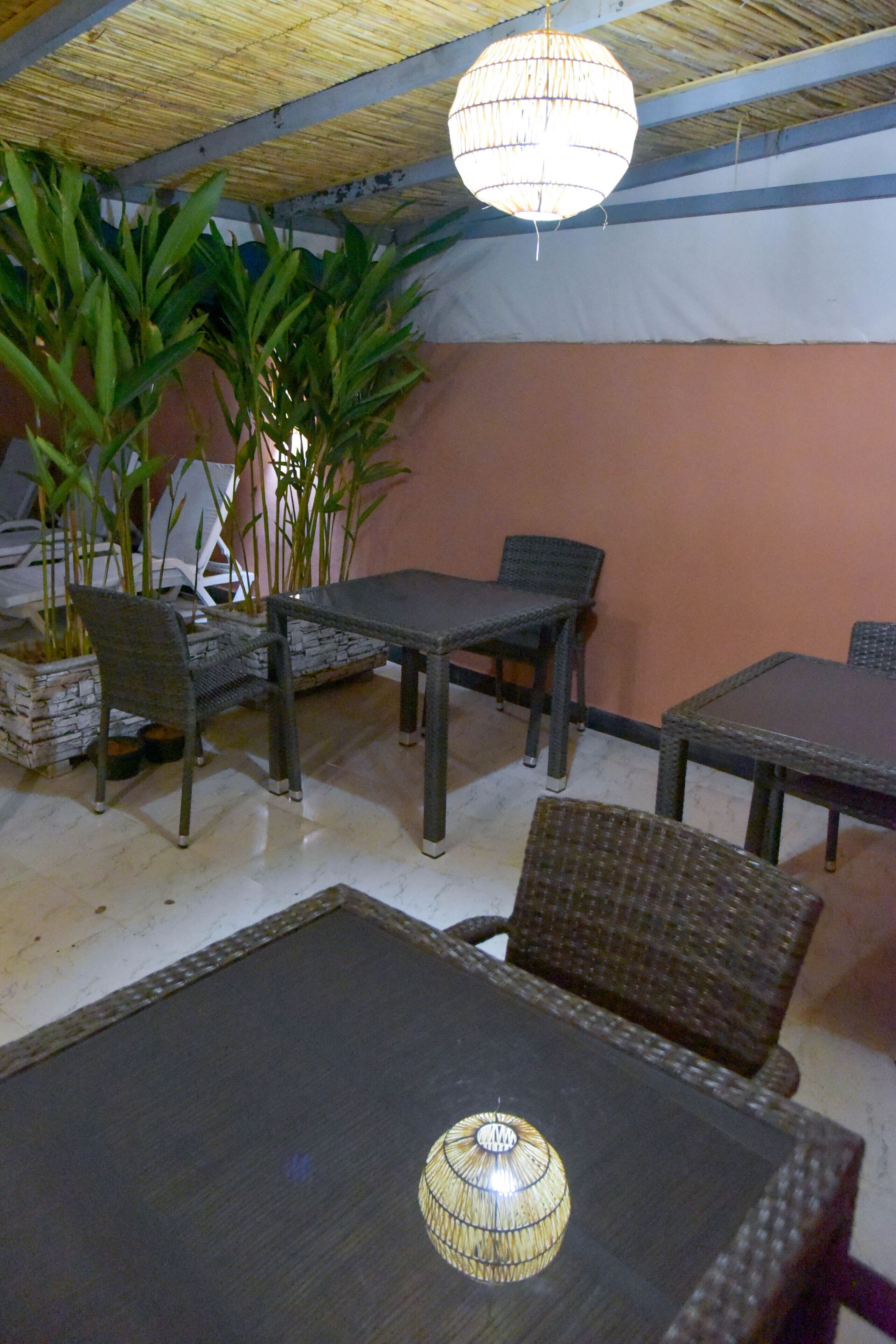 An outdoor dining area with wicker furniture, a table with a woven lamp, and tall plants.