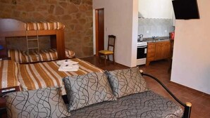 A room with a bunk bed, a sofa, a chair, and a kitchen area.