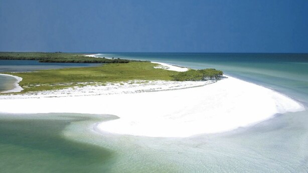 An aerial view of a coastal area with a sandy beach, clear waters, and a small island with vegetation. - Downtown Dunedin Cottage • Walk to Restaurants (Dunedin)