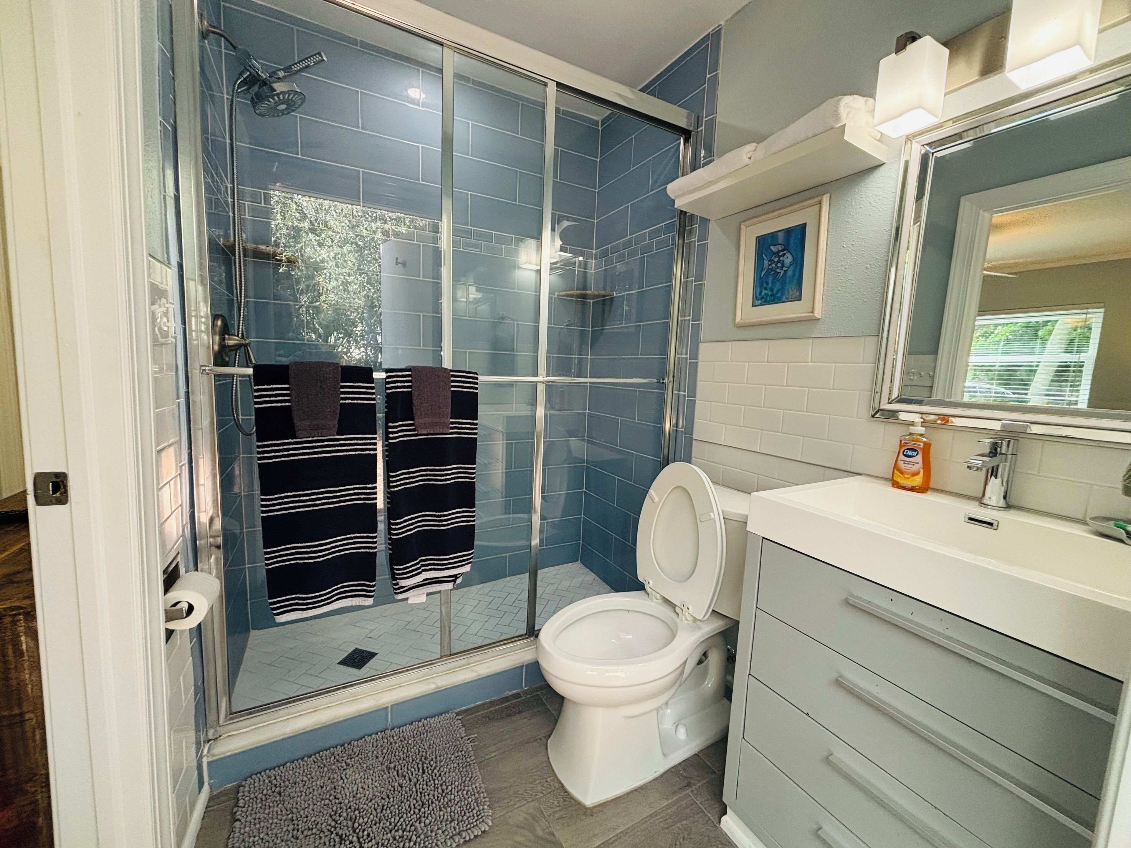 Shower, hair dryer, towels, soap