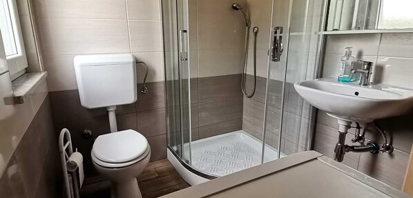 A modern bathroom with a toilet, shower, and sink. - Holiday House OLLY in Rovinj (Rovinj)