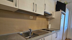 A modern kitchen with a stainless steel sink, two stovetops, and light-colored cabinets. - La Pergola - Yellow - Studio Apartment (Rovinj)