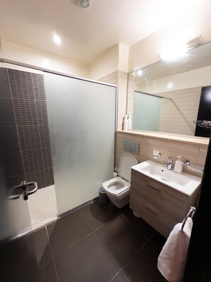 Shower, hair dryer, towels, soap