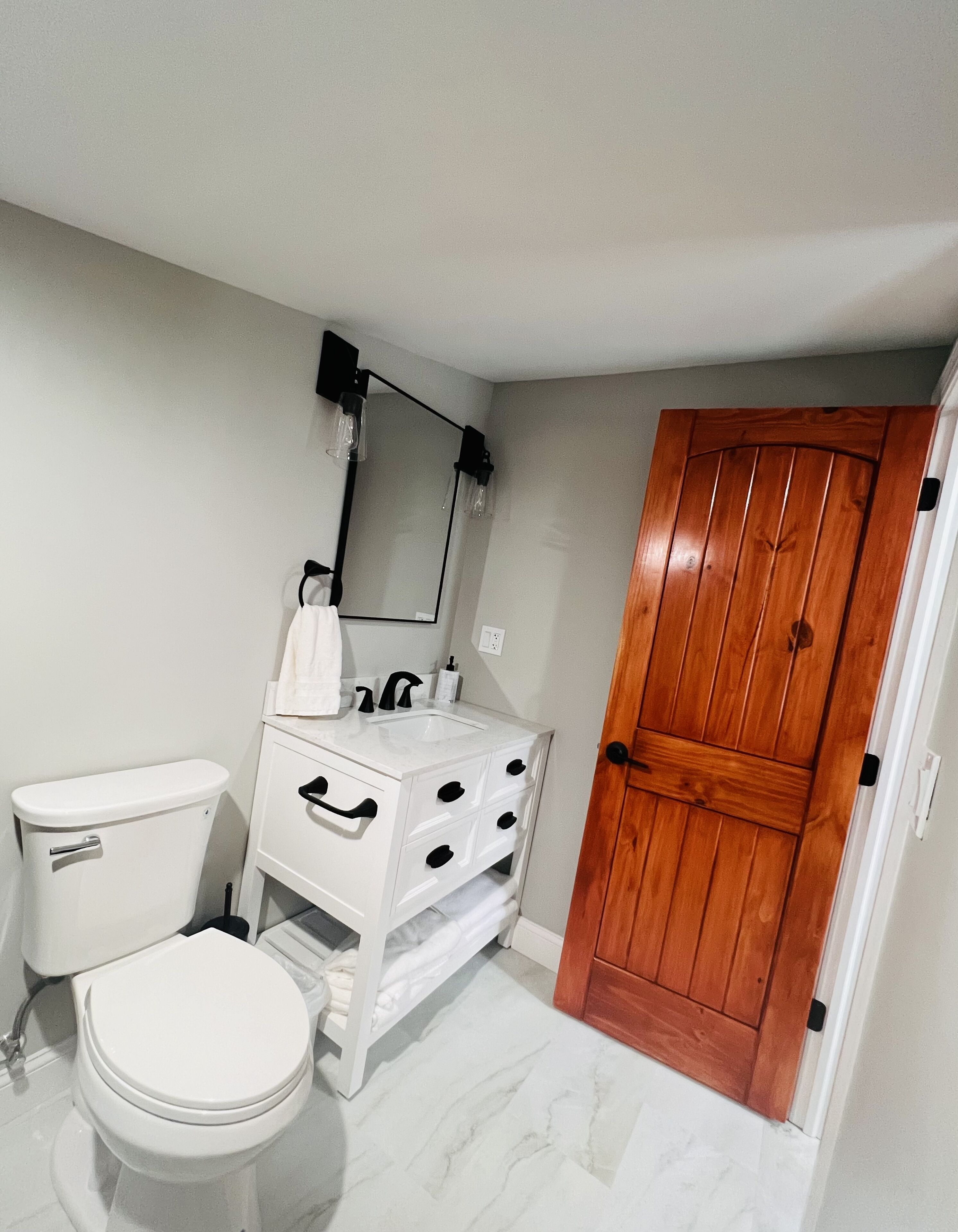 Een badkamer met een toilet, een wastafel met spiegel en een houten deur.