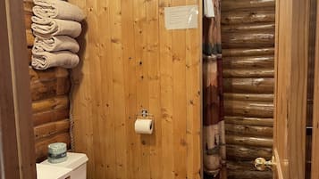 Chuveiro, secador de cabelo, toalhas de banho