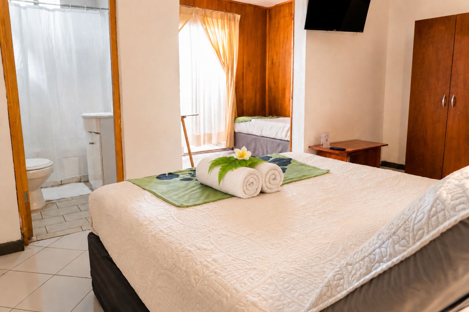 Habitación de hotel con cama, armario de madera, televisor montado en la pared y baño con inodoro y cortina de ducha.