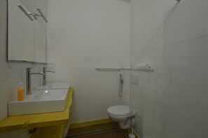 Shower, towels, soap, toilet paper