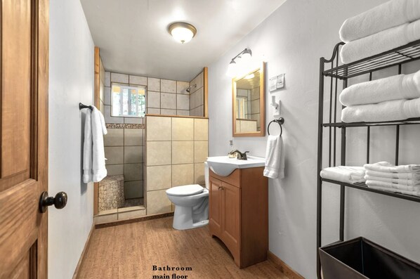 Regadera, secadora de cabello, toallas, papel de baño 