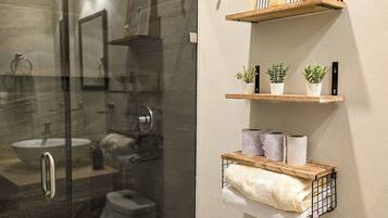 Hair dryer, towels, soap, shampoo