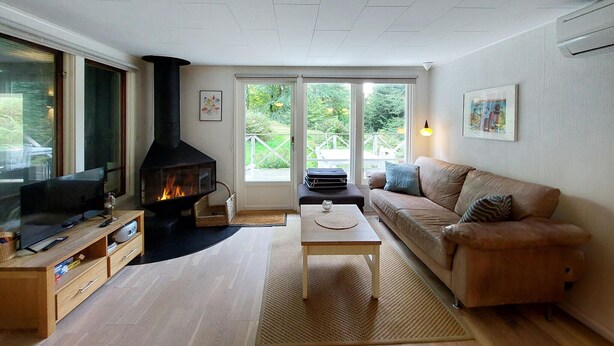 A cozy living room with a fireplace, a sofa, a coffee table, and a television. - 2 bedroom beautiful home in Höör (Höör)