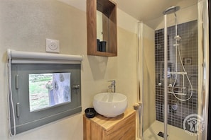 Shower, hair dryer, towels