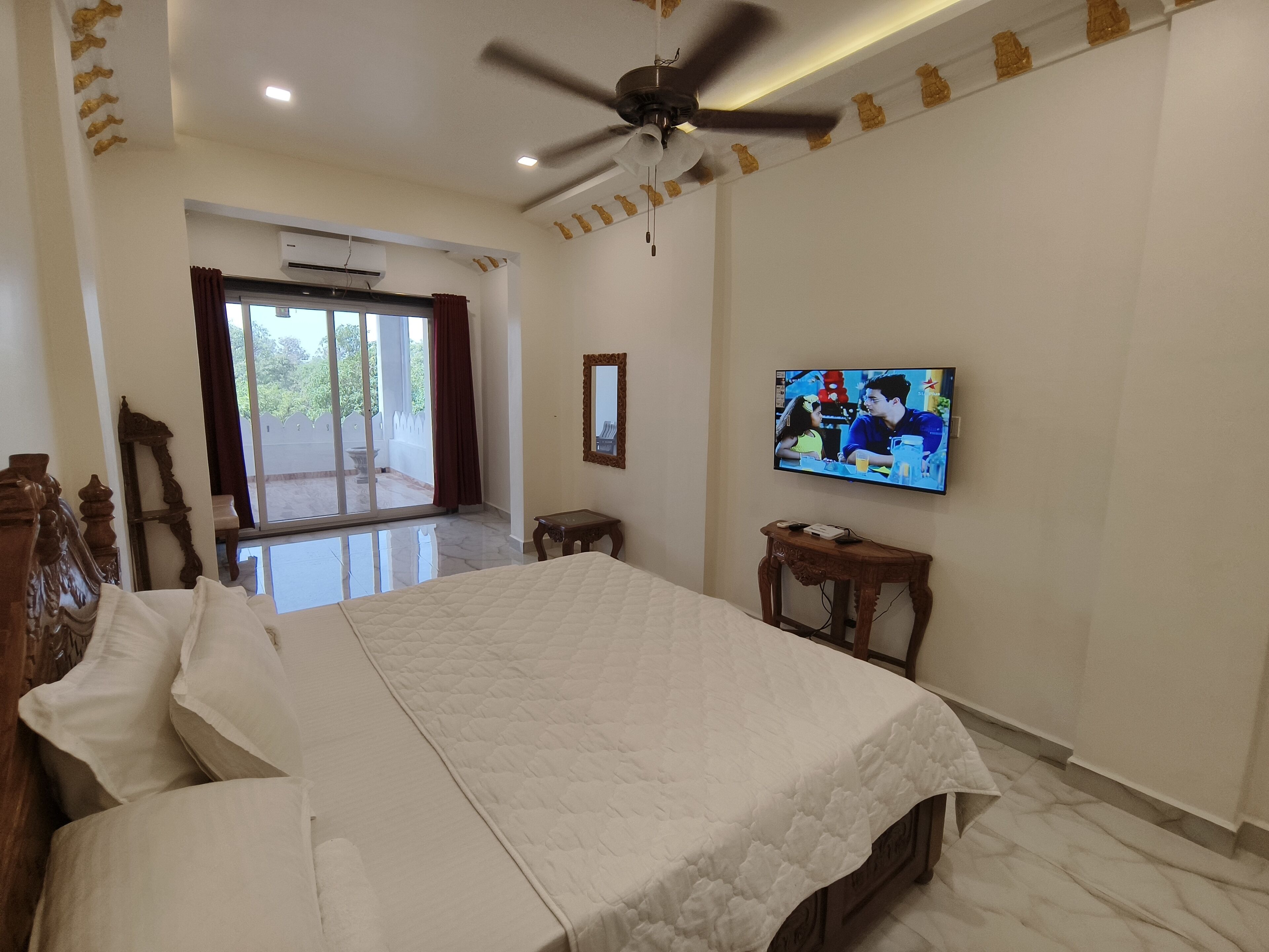 A bedroom with a bed, a television, a ceiling fan, and a view of the outdoors.