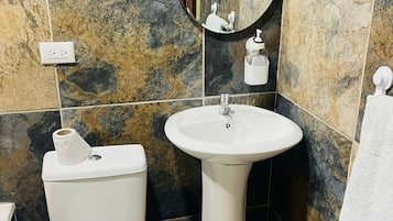 Hair dryer, towels, soap, shampoo