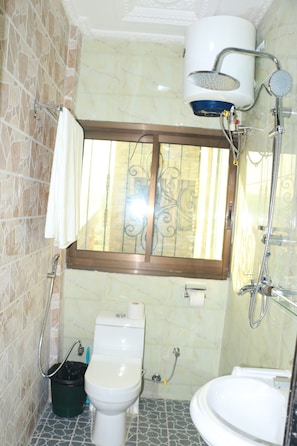 A bathroom with a toilet, bidet, and a shower unit.