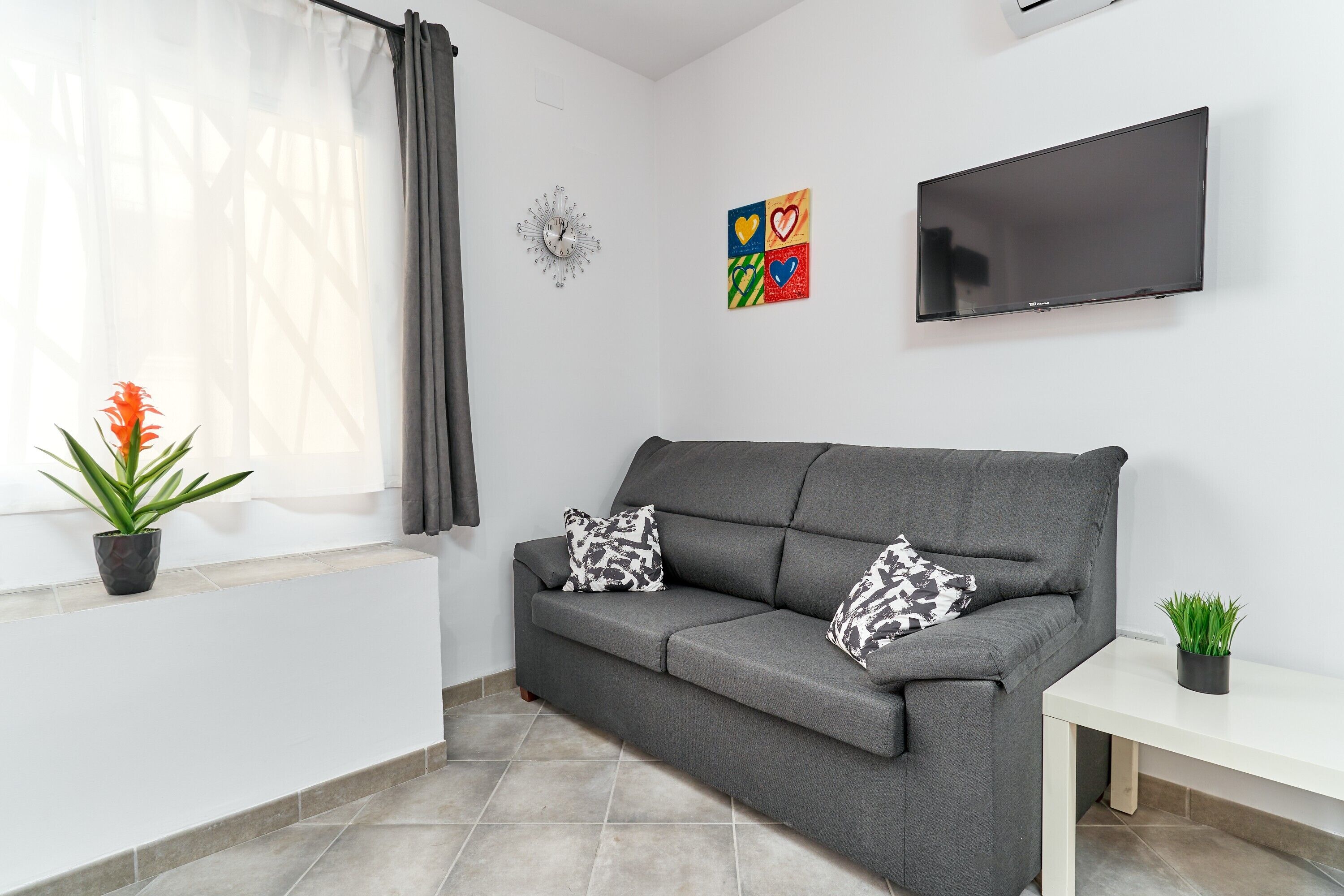 A grey sofa with patterned cushions, a flat-screen TV, a small table, a potted plant, and a wall clock.